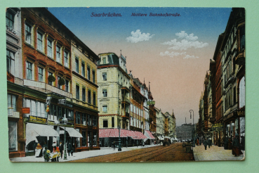 Postcard PC Saarbruecken 1910-1920 Bahnhofstreet shops Town architecture Saarland